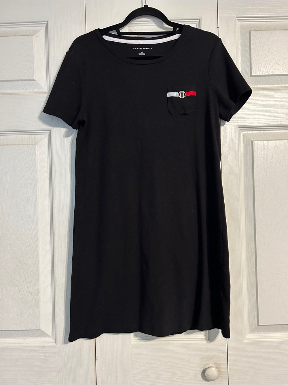 TOMMY HILFIGER Size Large Black Logo Cotton T-Shirt Mini Dress Pull On Stretch